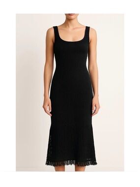 House of Harlow 1960 Black Knit Crochet Fringe Hem Midi Dress